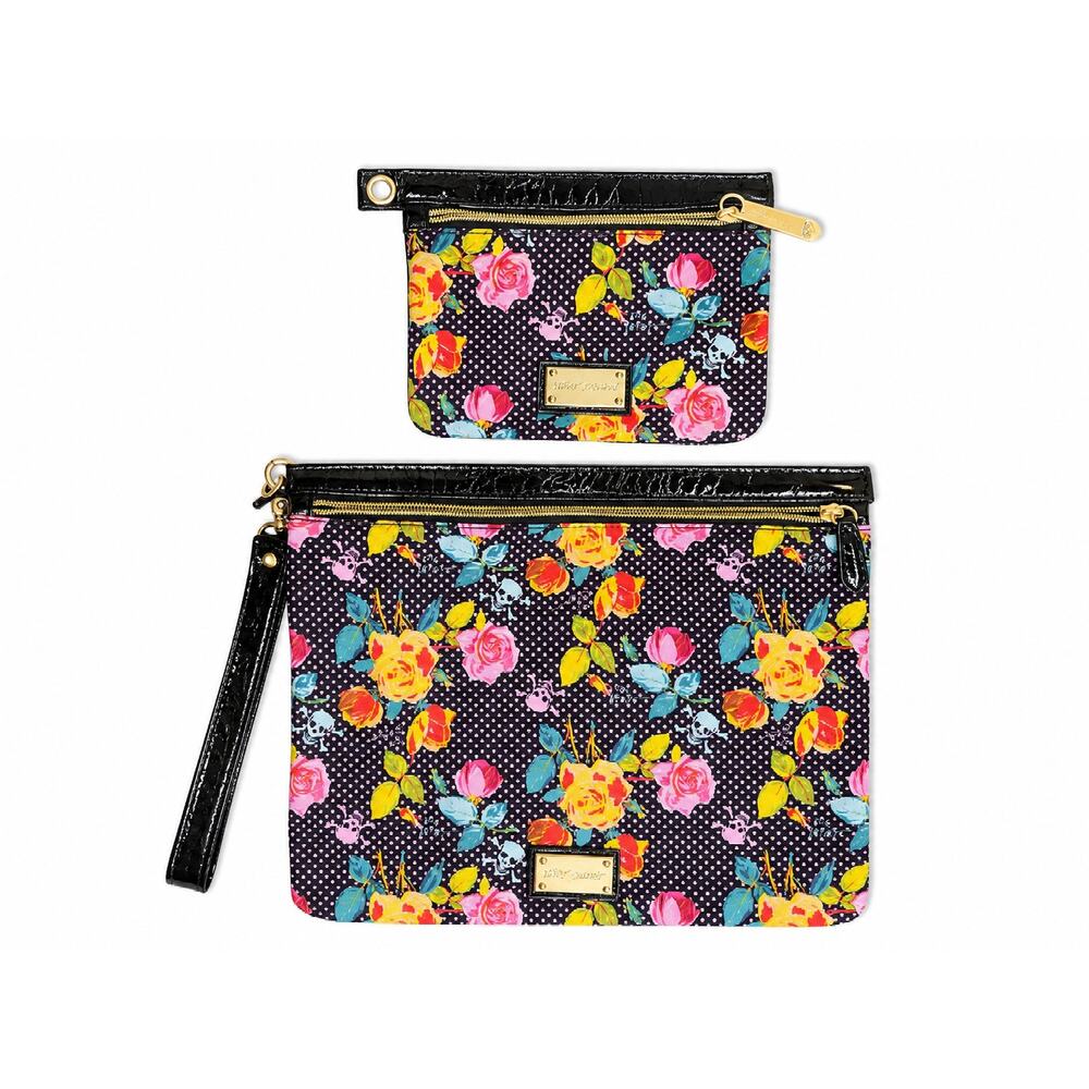 Betsey Johnson Floral Skull Wristlet Pouch Set Large & Small Matching Bags Y2K